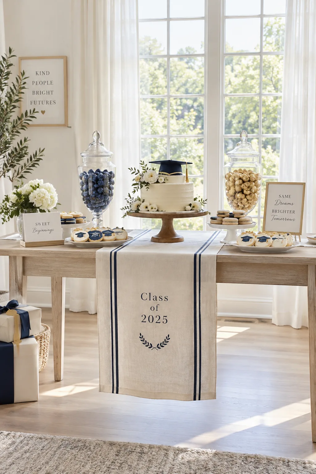 Tall glass apothecary jars filled with colorful candies flanking a graduation cake