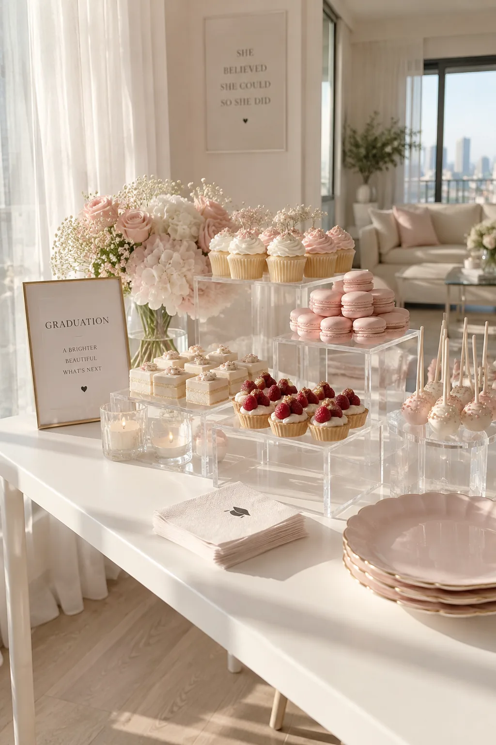Clear acrylic risers holding cupcakes and treats on a modern dessert table