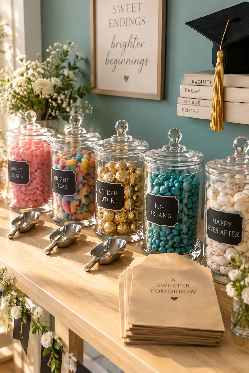 Identical glass jars filled with various candies lined up with metal scoops and paper bags