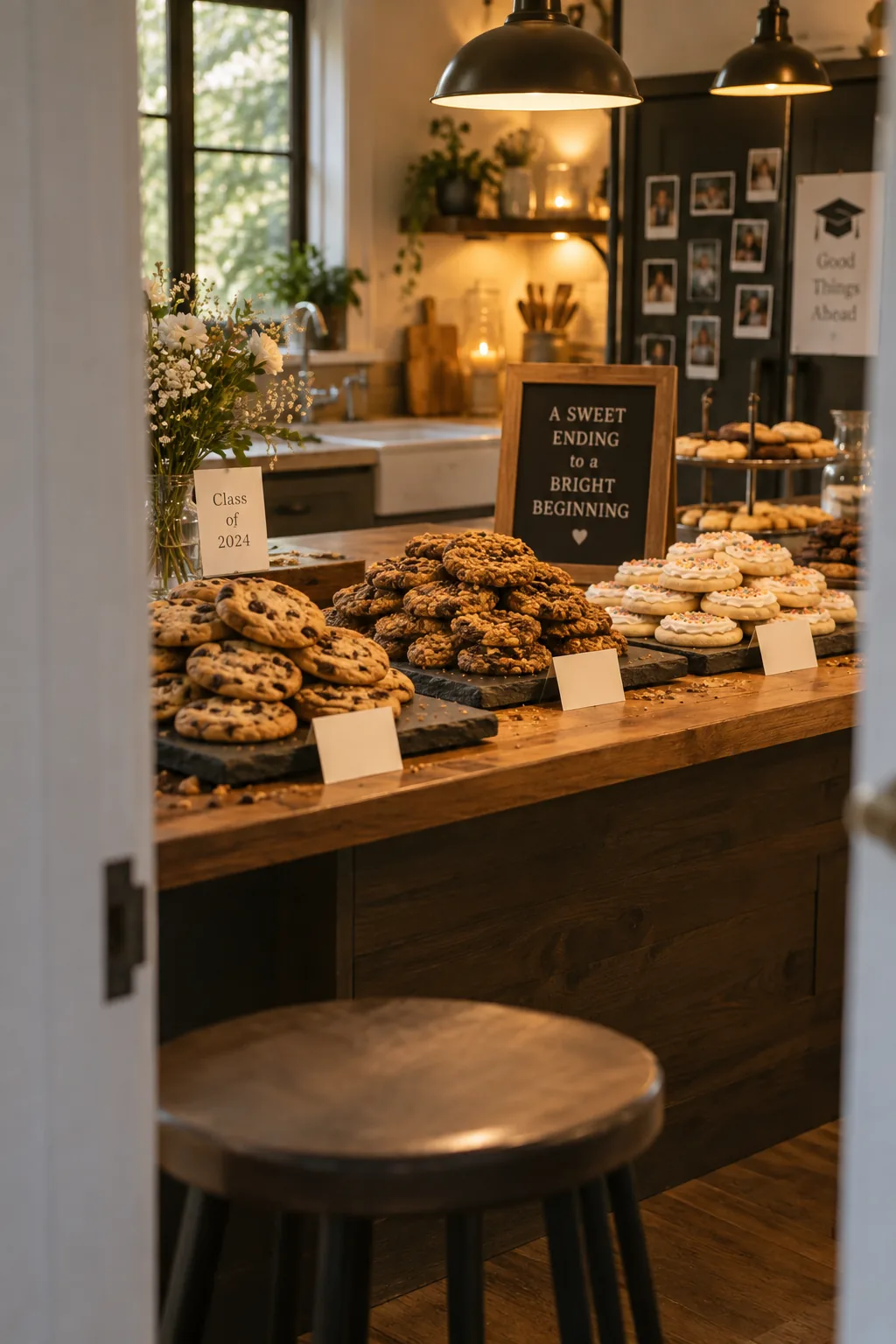Various gourmet cookies stacked on flat slate boards with handwritten labels