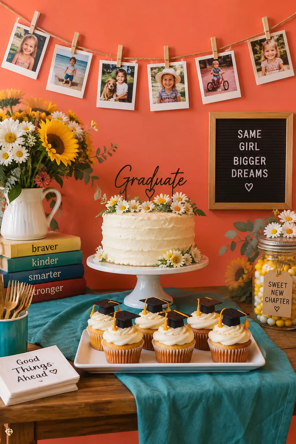 A dessert table framed by a hanging banner of graduation photos strung on twine