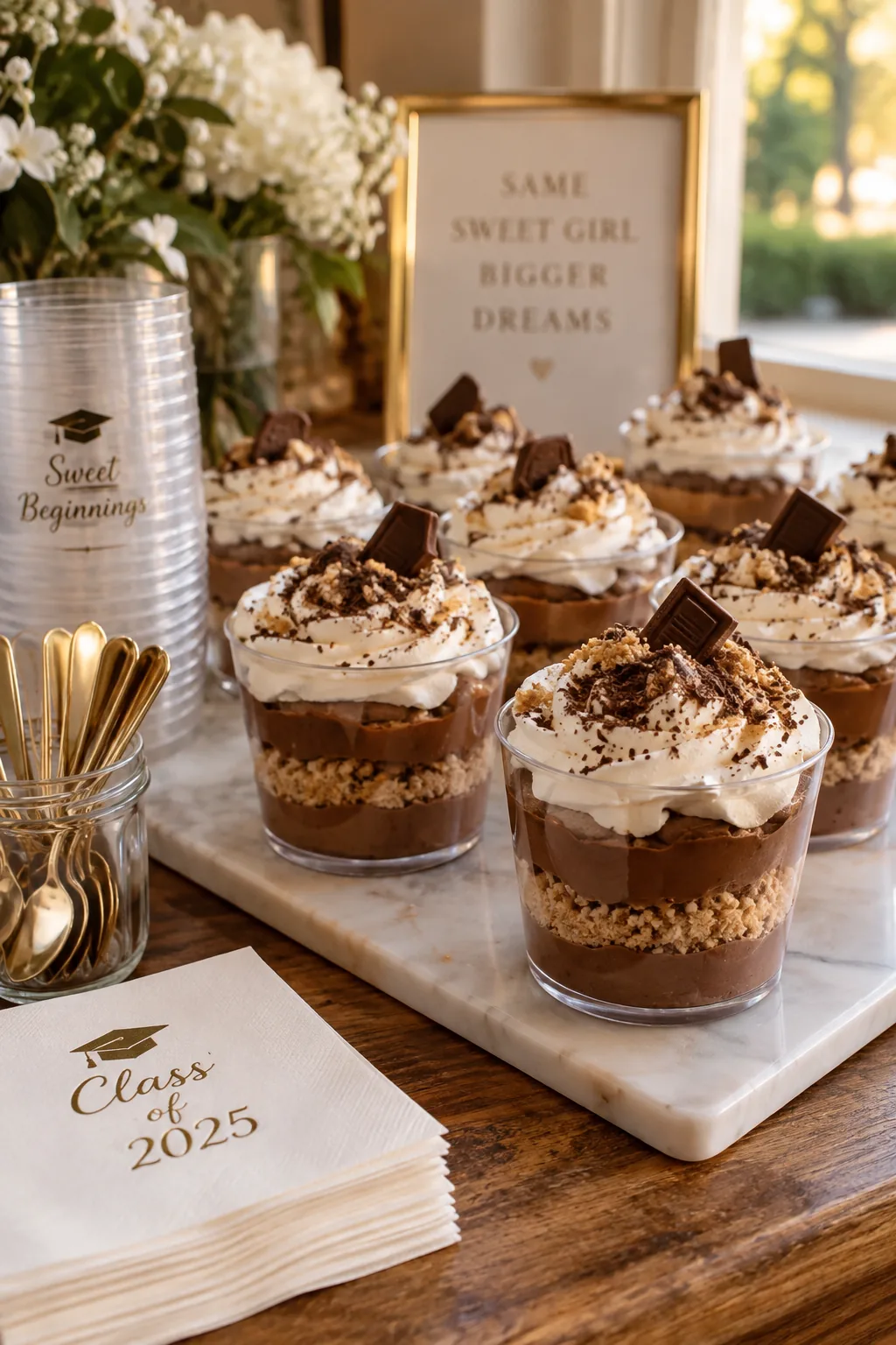 Mini clear plastic cups layered with chocolate mousse and whipped cream