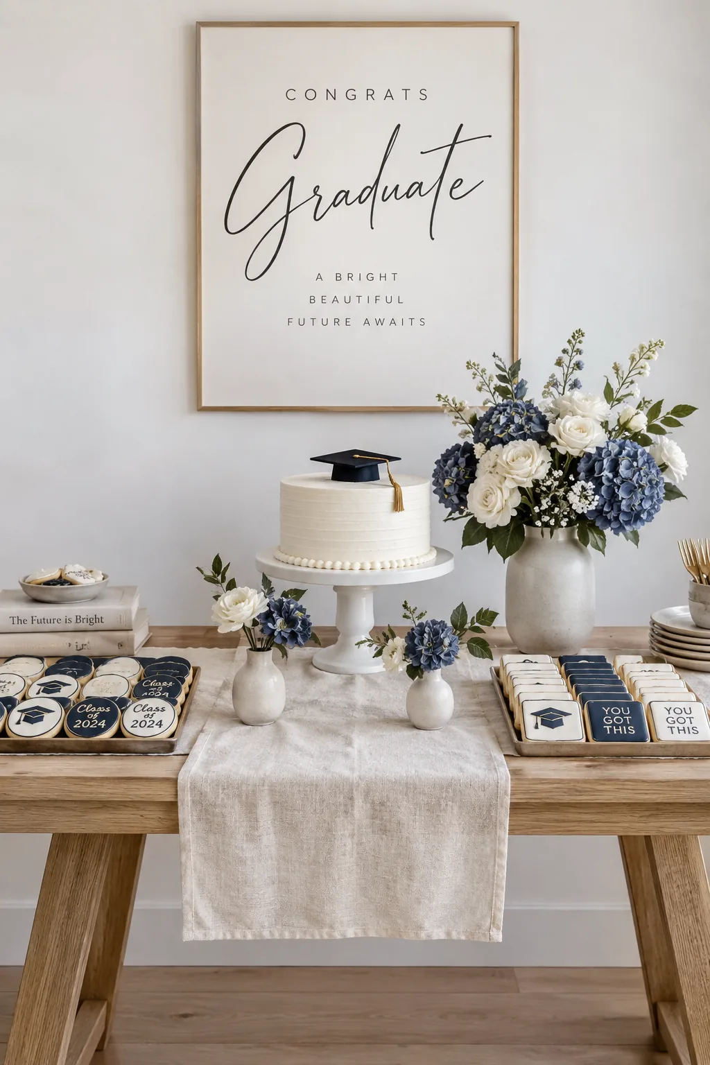 A dessert table styled with three simple floral arrangements in school colors