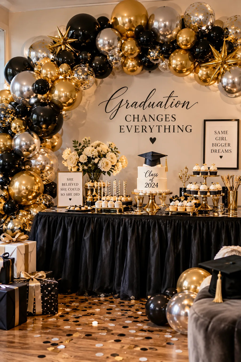 A gold, silver, and black balloon garland arching over a graduation dessert table