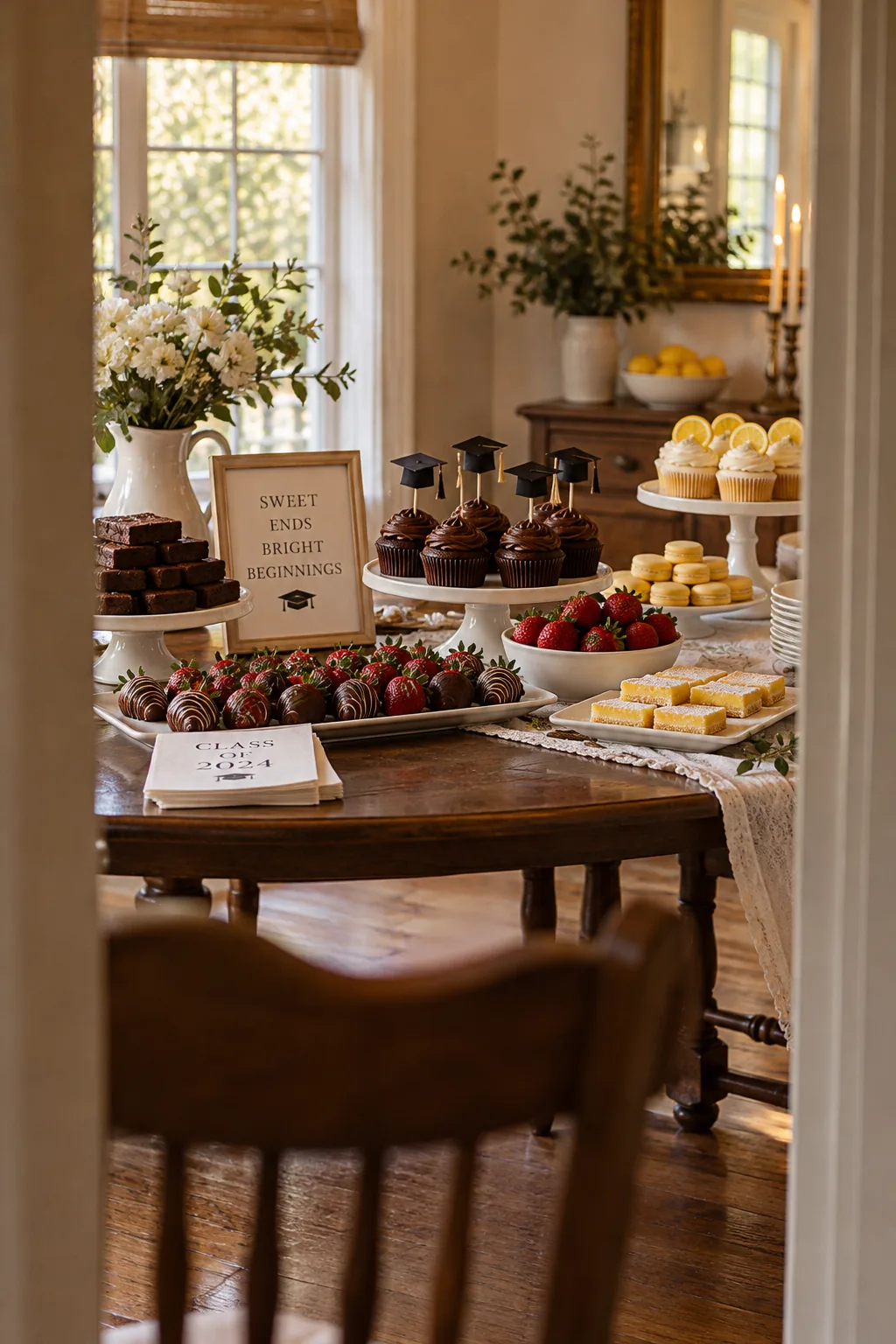 Desserts grouped by color on matching white ceramic serving trays