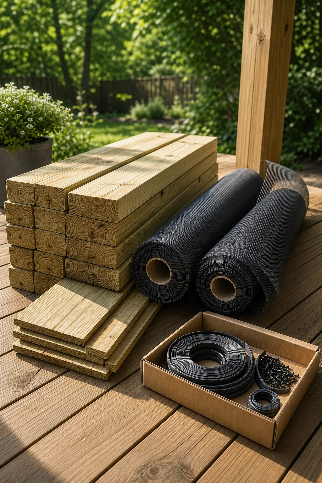 Neatly stacked pressure-treated lumber, screen rolls, and a spline track kit on a wooden deck.
