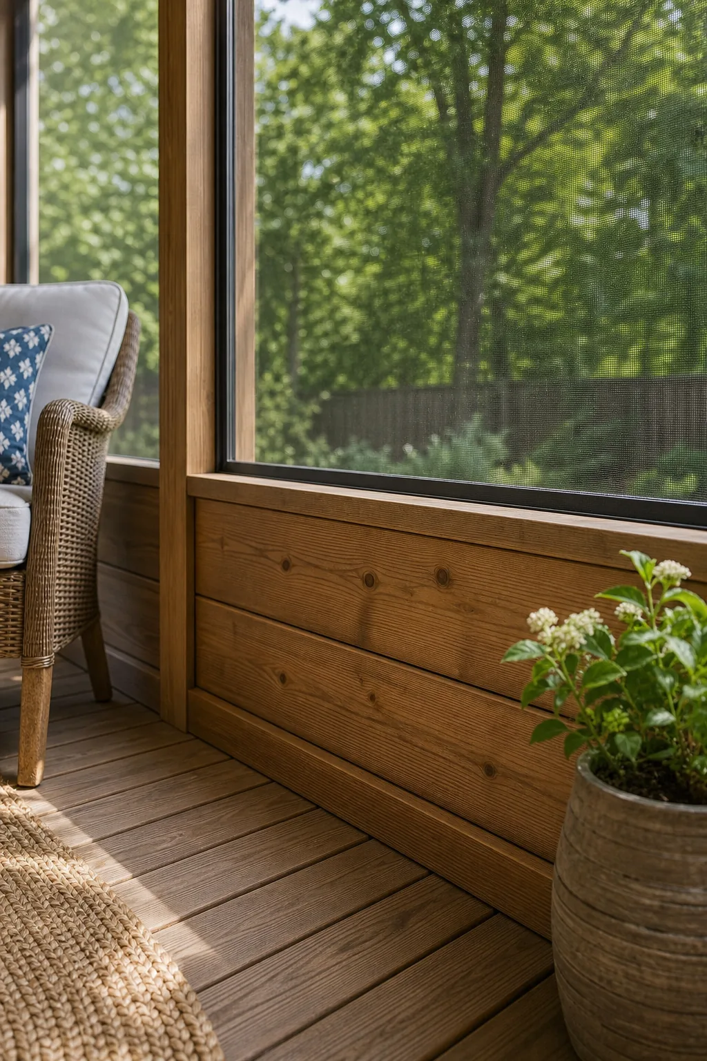 Solid wood lower wall section built from horizontal planks beneath a screened opening.