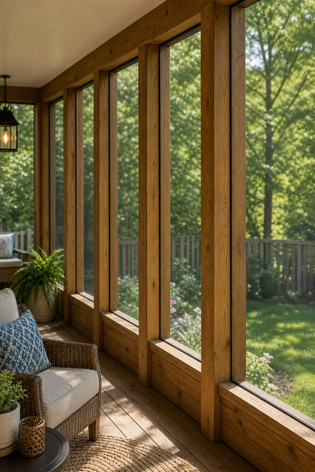 Vertical 4x4 wooden posts spaced evenly along a porch perimeter.
