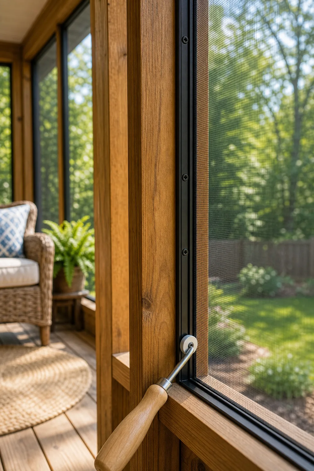 Thin black spline track screwed into the face of a wooden post.