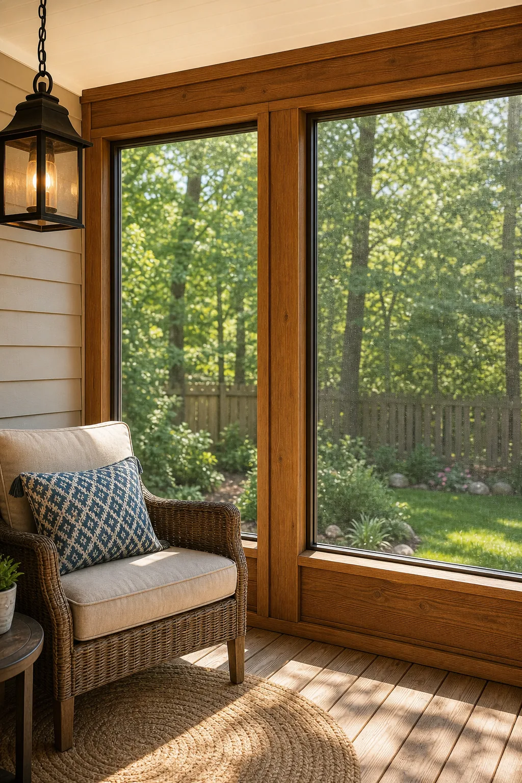 Finished 1x2 wood trim covering the screen edges on a porch interior.