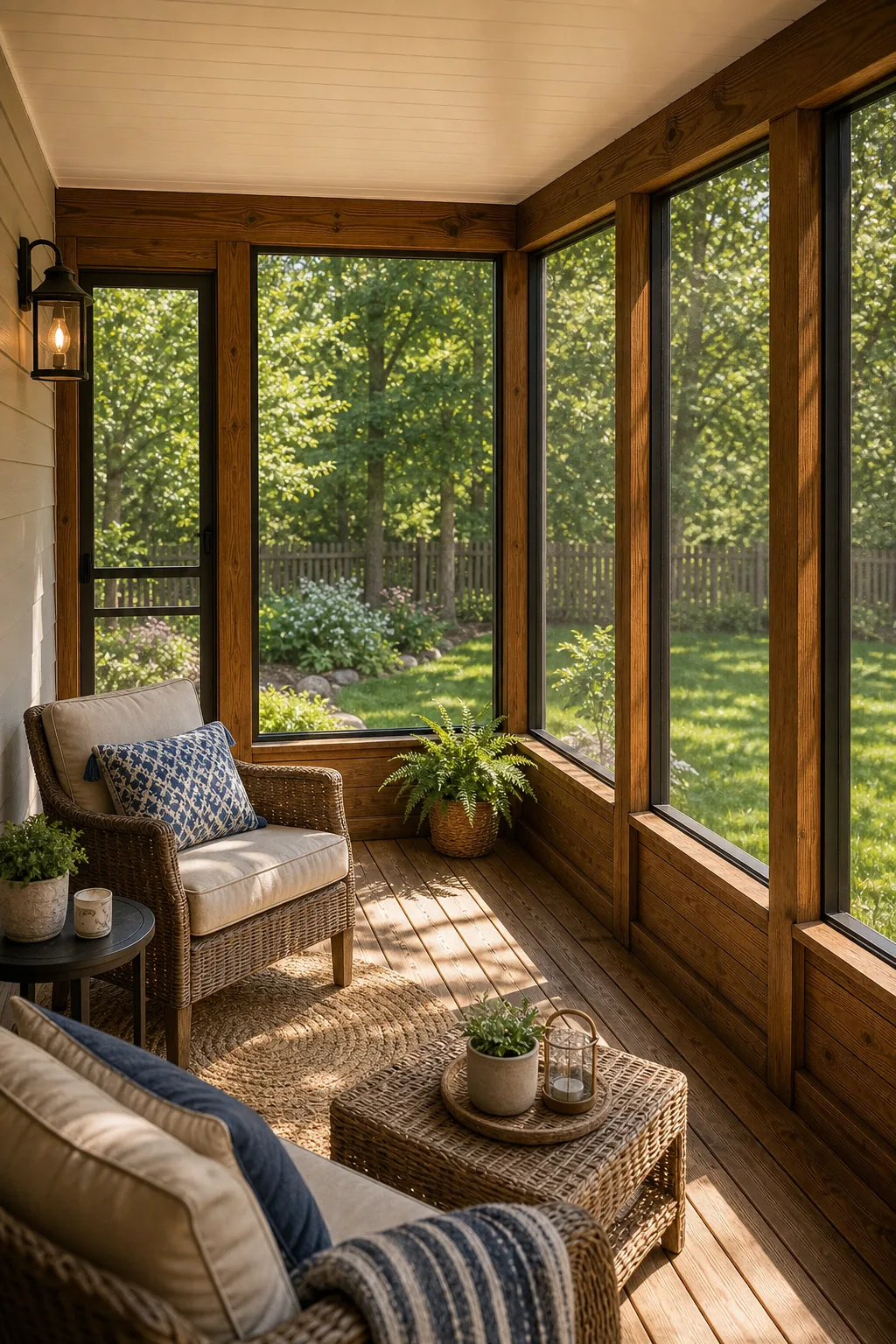Cozy screened-in porch with natural wood framing, a wicker chair, and a clear view of the yard.
