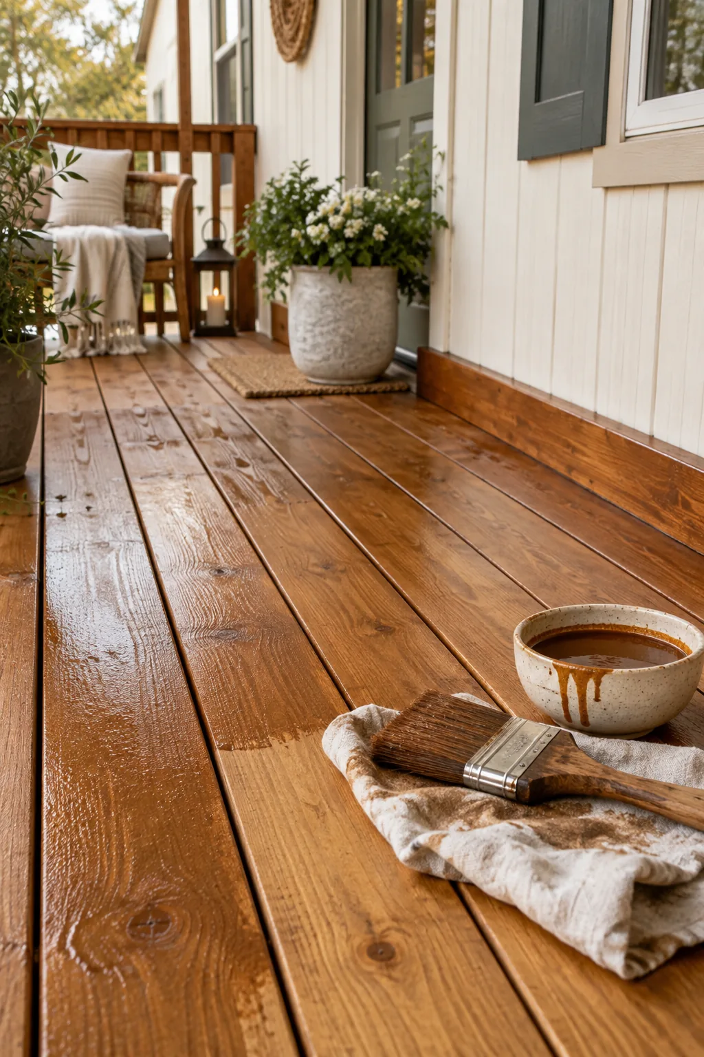 Wooden mobile home deck painted with a solid dark stain.