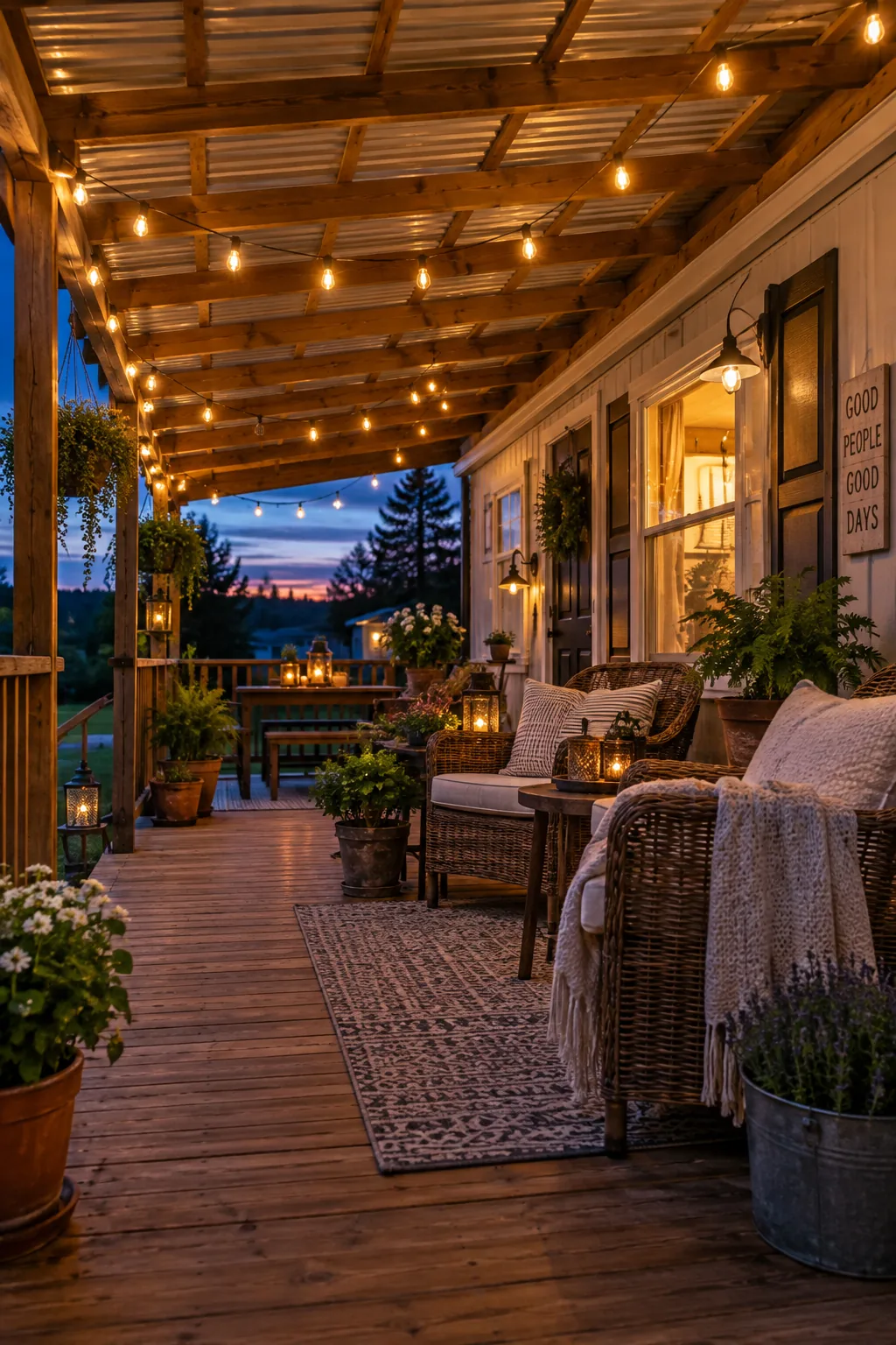 Wooden deck with a corrugated metal awning attached to the mobile home.