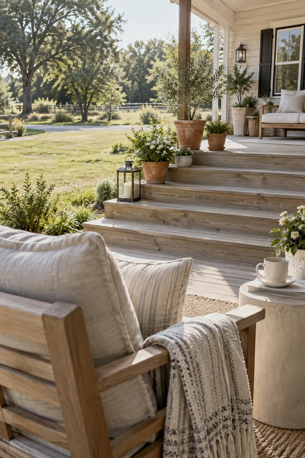 Wide wooden steps leading up to a mobile home porch.