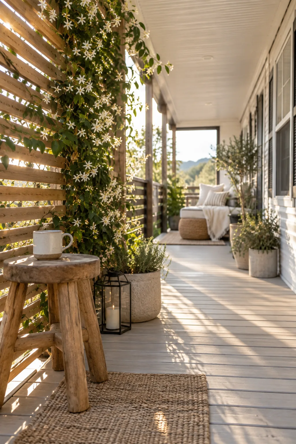Wooden privacy screen with climbing vines on a porch.
