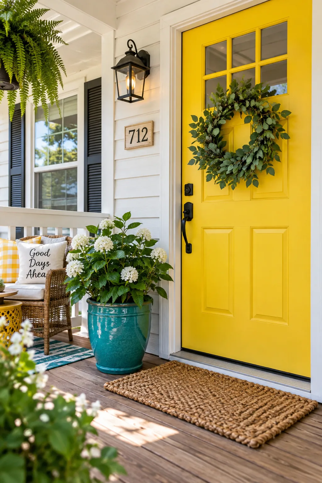 Bright yellow front door on a single wide mobile home.