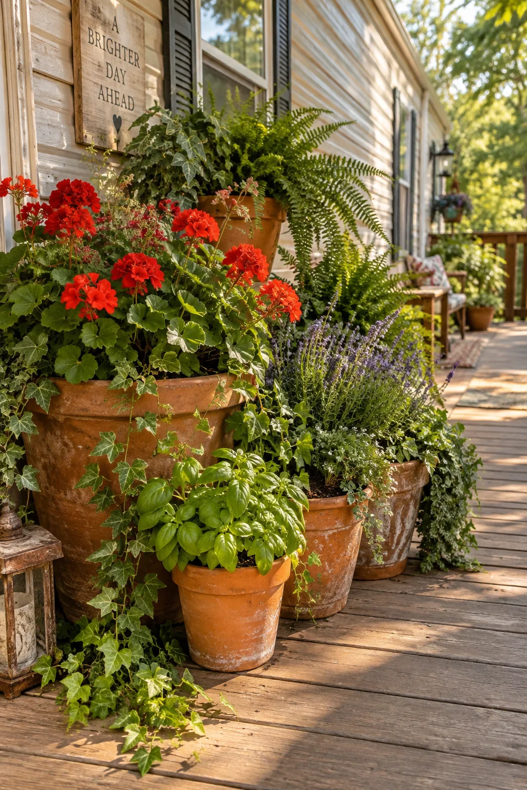 Terracotta pots with trailing ivy and grasses on a wooden deck.