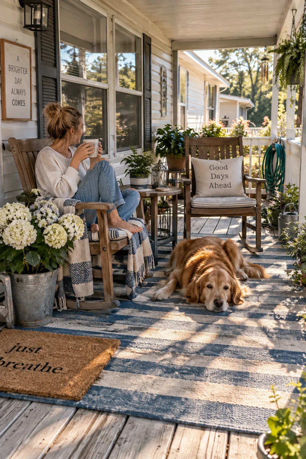 Recycled plastic outdoor rug under a small seating area.