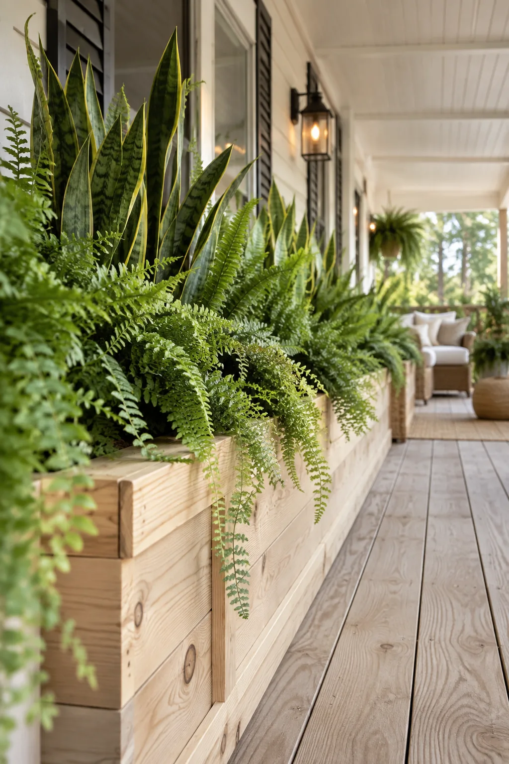 Built-in wooden planter boxes along a porch railing.