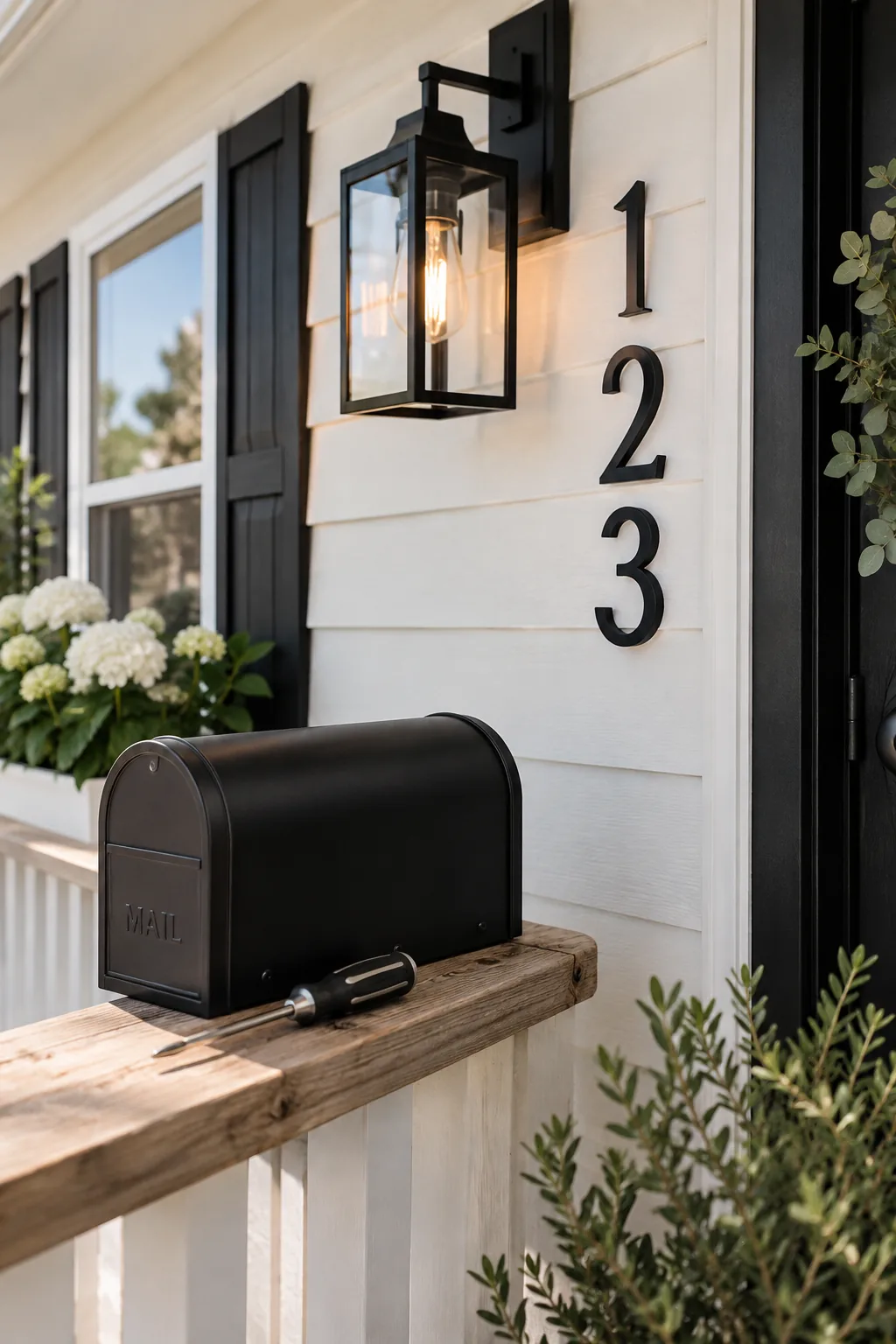 Black modern farmhouse house numbers and porch light.