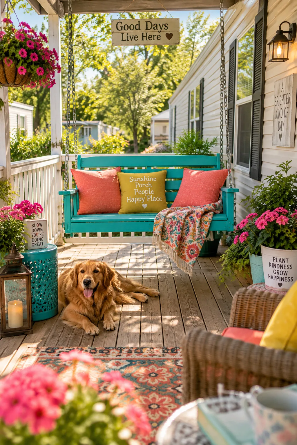 Wooden porch swing hanging at the end of a deck.