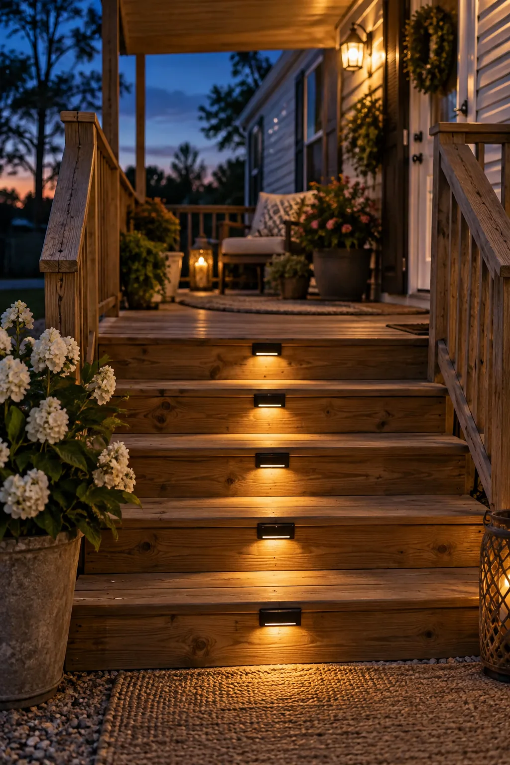 Solar lights attached to the wooden stair risers of a porch.
