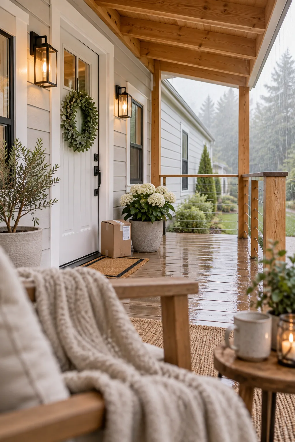 Modern skillion roof with cedar beams over a front door.