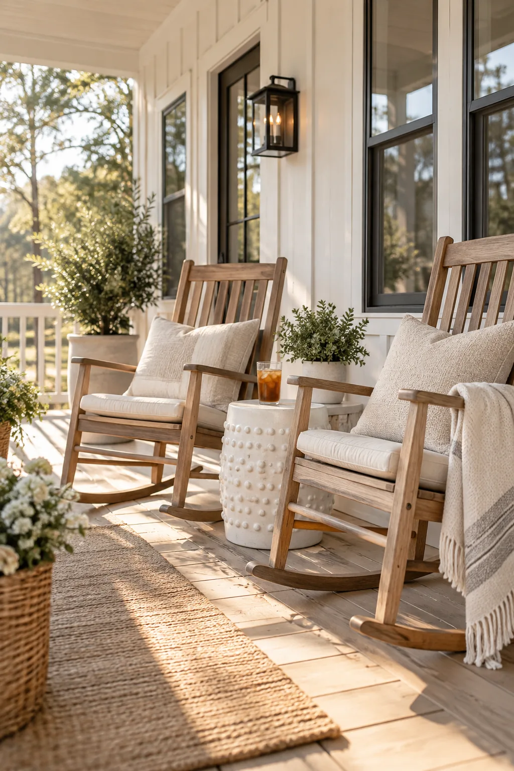 Two rocking chairs with outdoor pillows on a small porch.