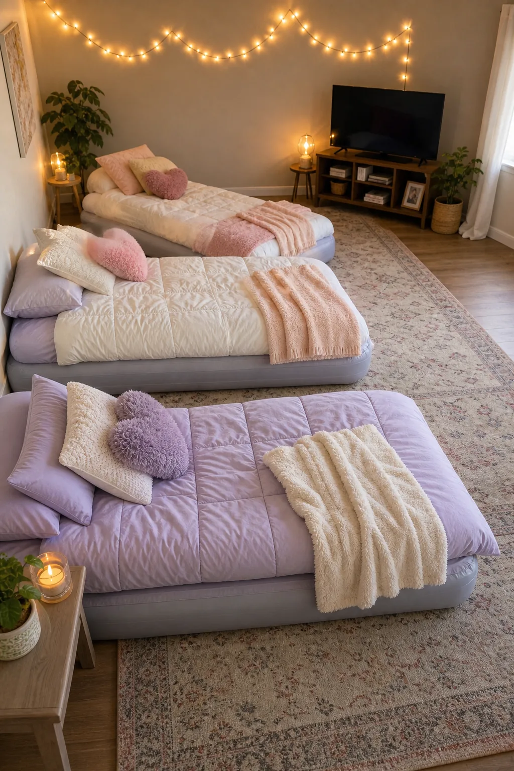 Three twin air mattresses arranged in a neat row on a living room rug, separated by small walking spaces.