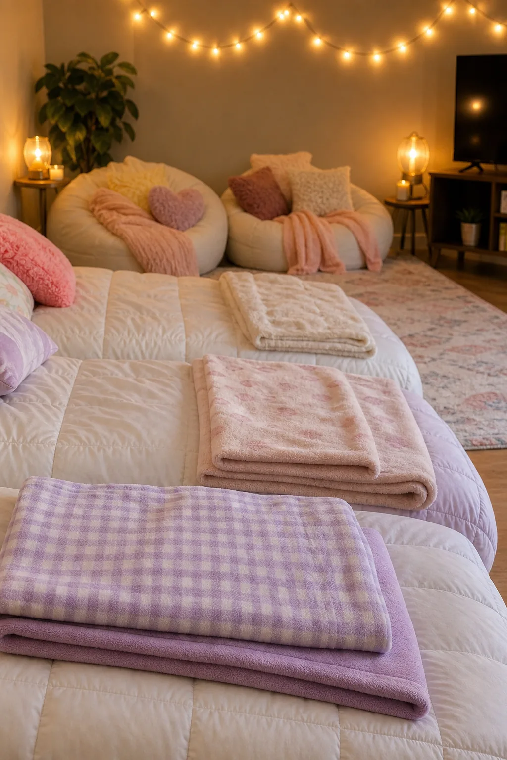 Close-up of a white duvet with folded purple and pink fleece blankets at the foot of an air mattress.