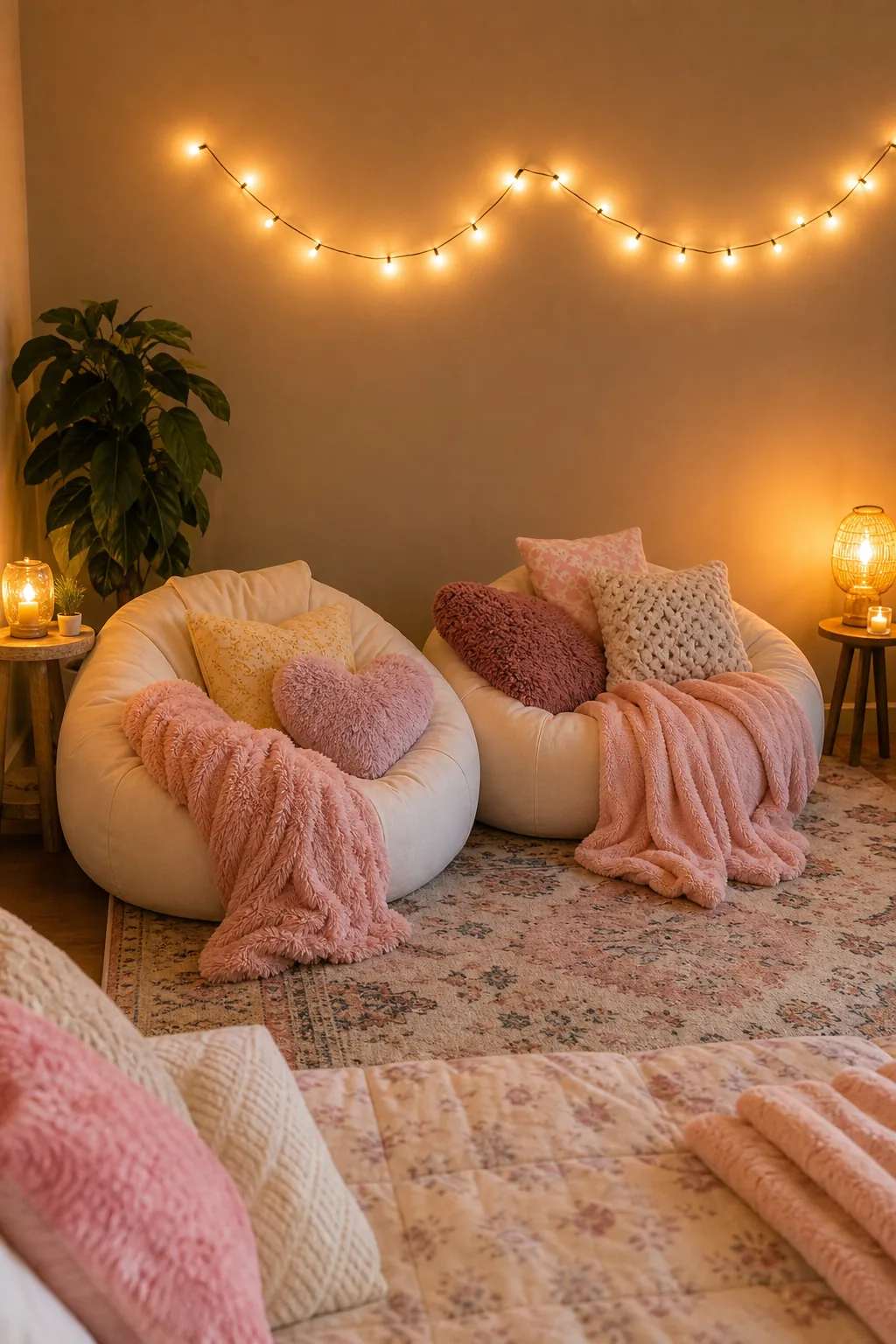 Two plush beanbag chairs with pillows in a corner under warm string lights.