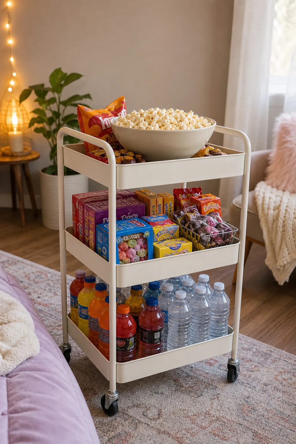 A white 3-tier rolling cart filled with a popcorn bowl, boxed candy, and bottled drinks.