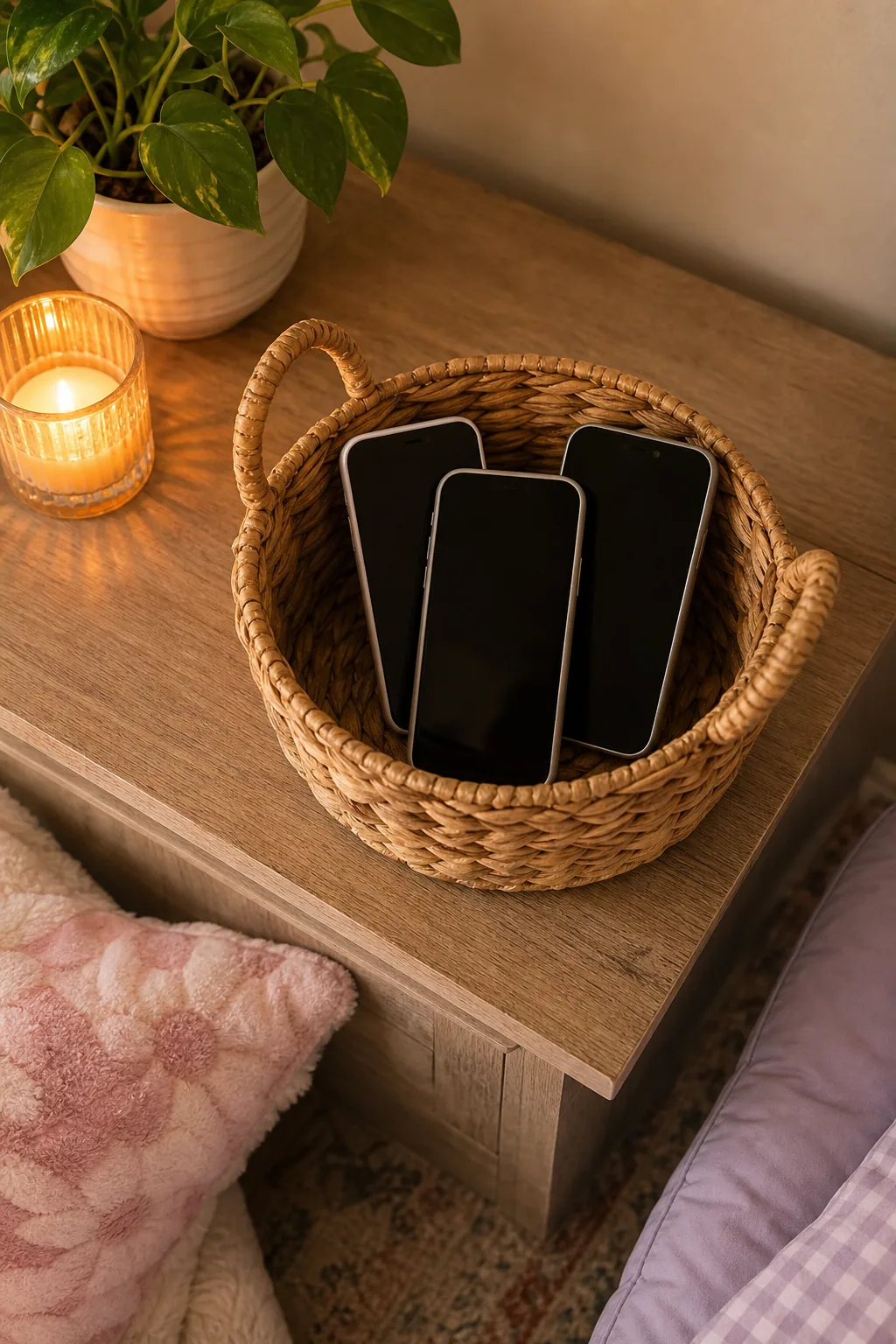 An overhead view of three smartphones resting inside a small woven basket on a side table.