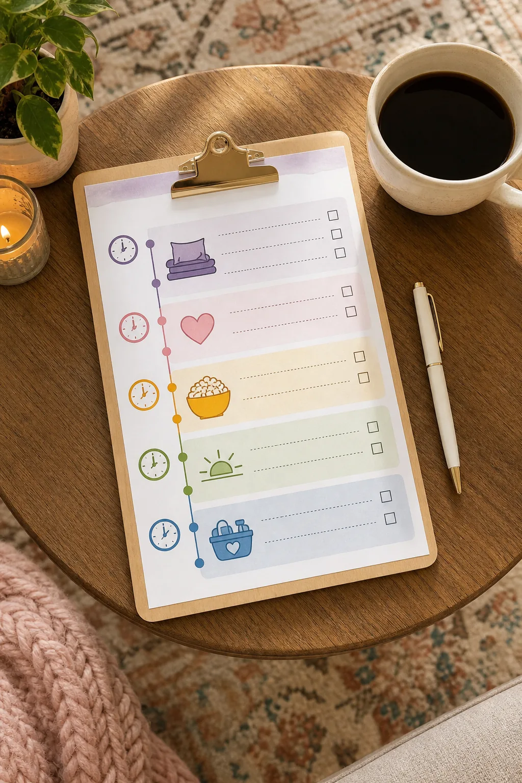 A printed timeline and checklist on a wooden clipboard next to a coffee mug.