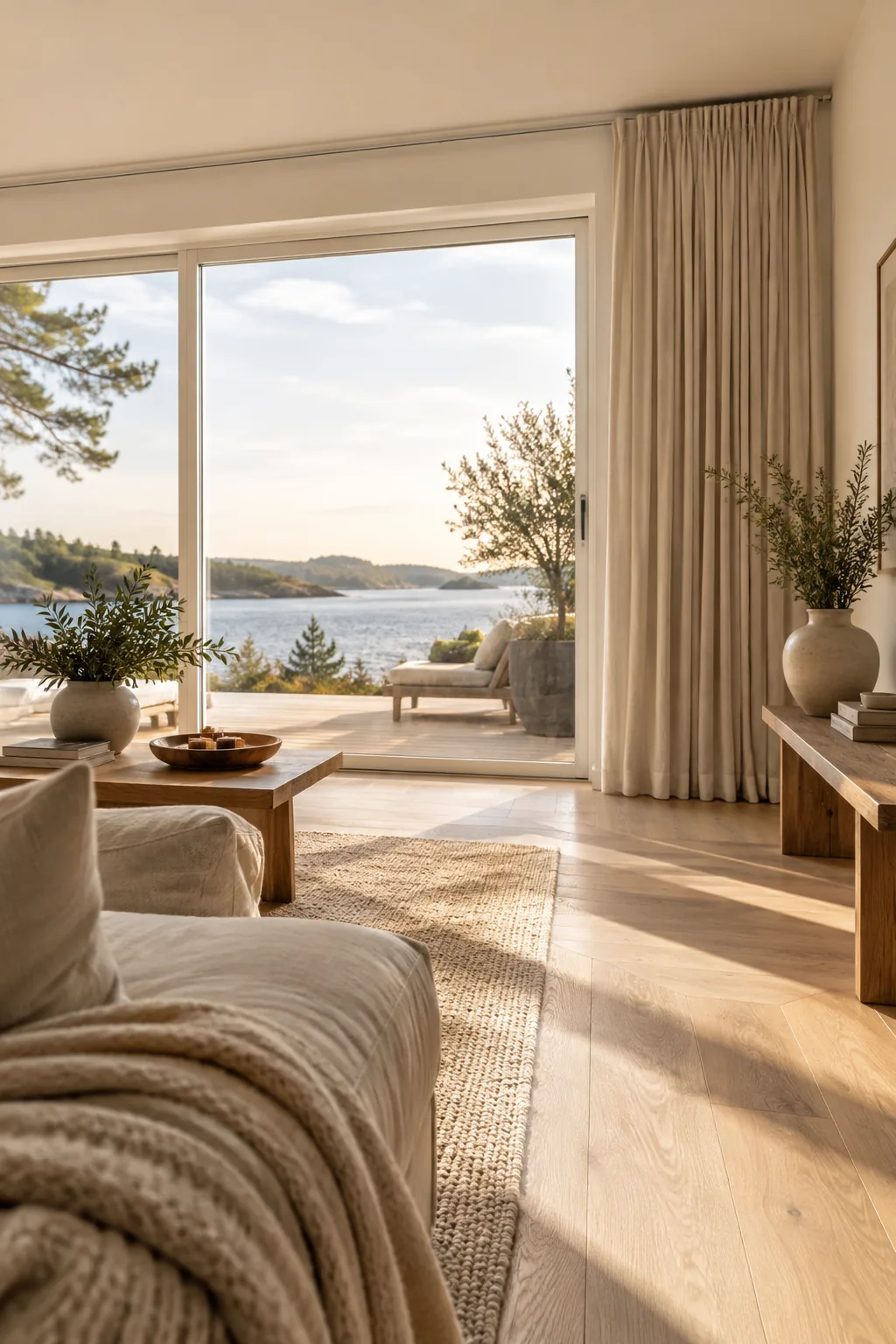 Wide sliding glass door with a continuous traverse rod and curtains pulled to one side