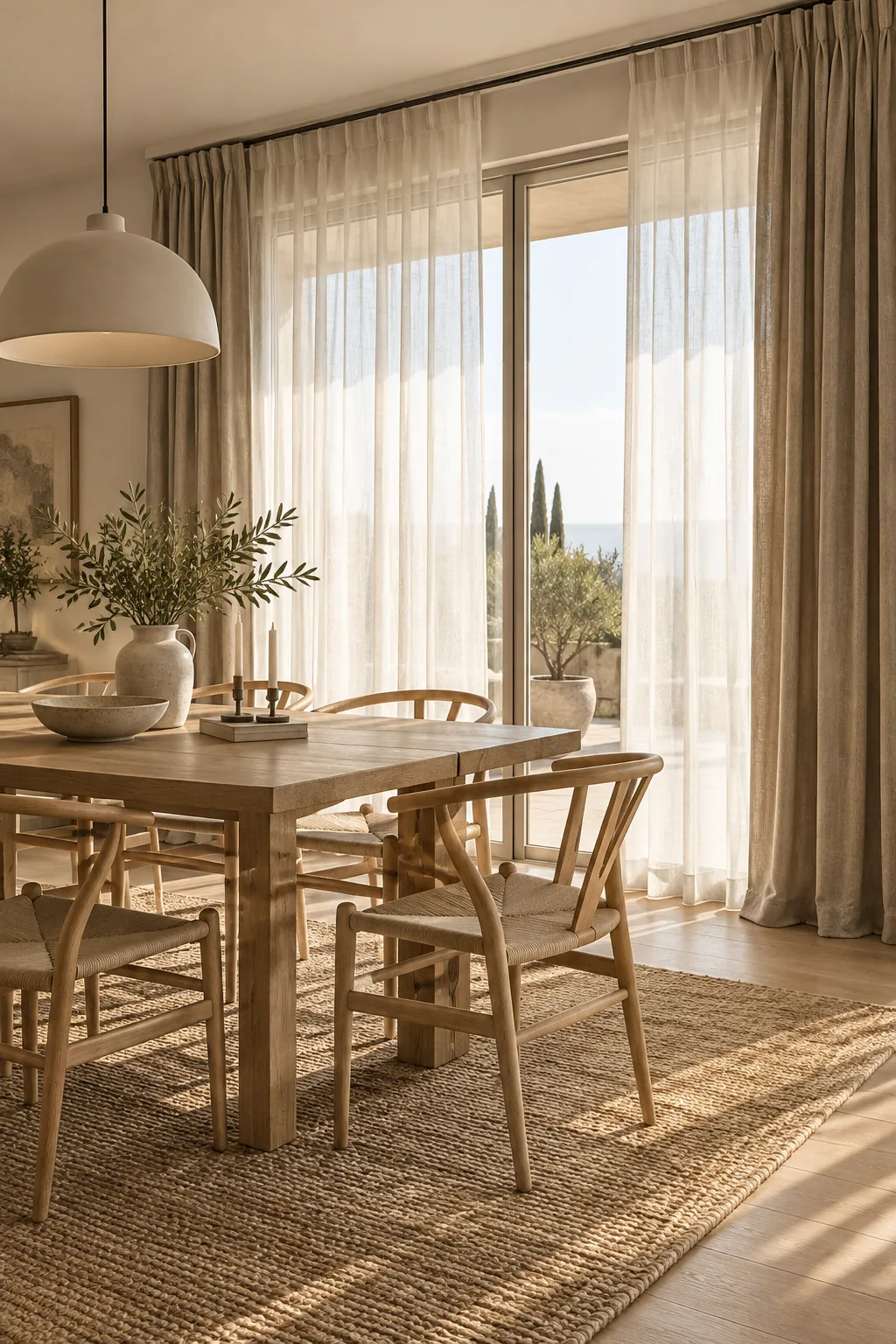 Sliding door with sheer white curtains layered under heavy gray blackout drapes