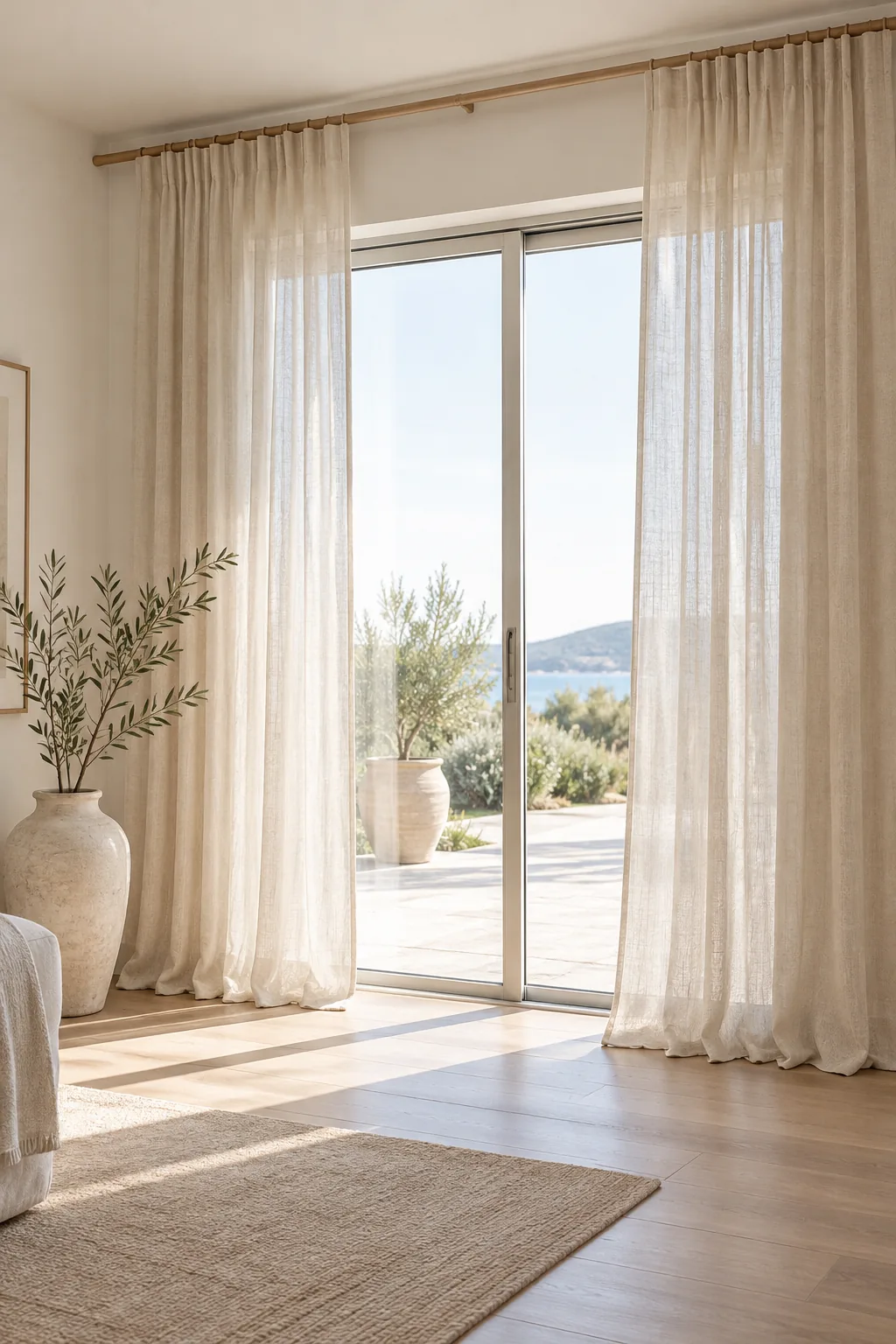 Curtain rod mounted near the ceiling line above a sliding patio door