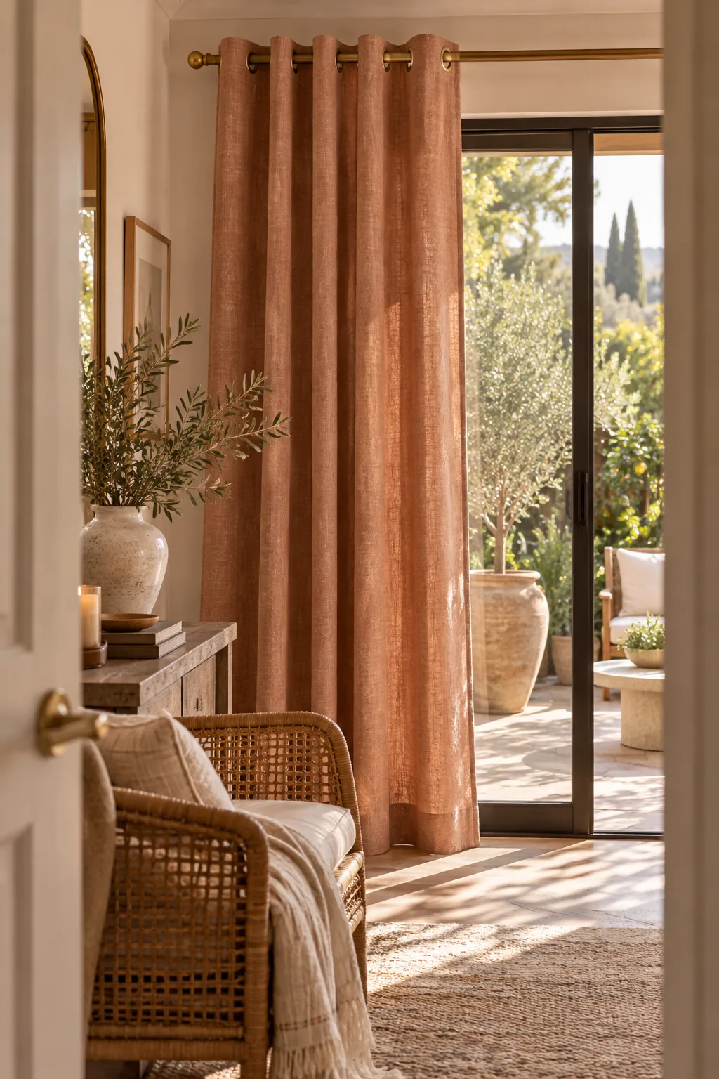 Close up of metal grommet curtains gliding on a sleek rod over a patio door