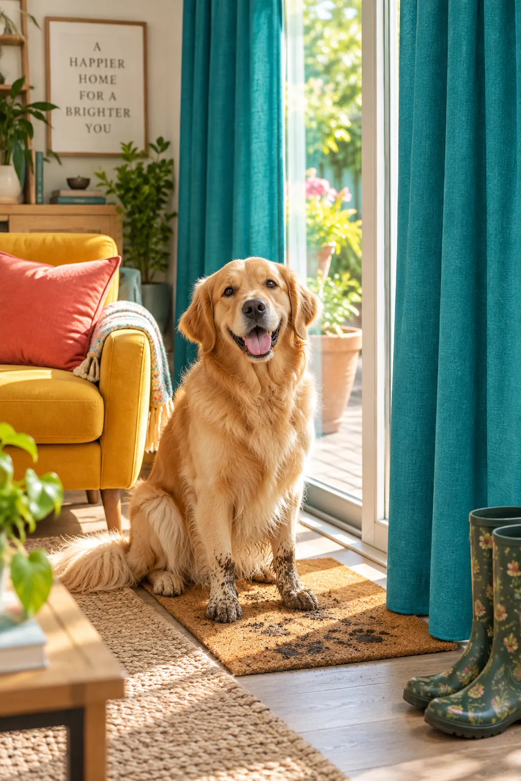 Durable textured curtains framing a sliding glass door leading to a backyard