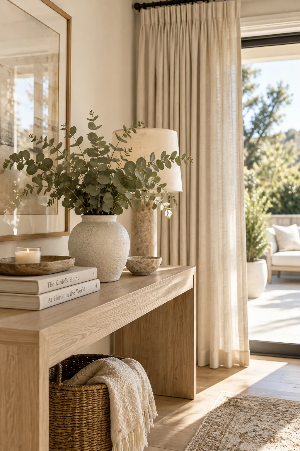 Sliding glass door in a corner with all curtain panels stacked to the wider left side