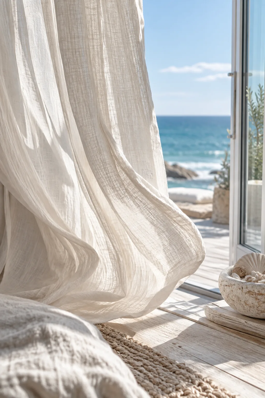 Lightweight cotton gauze curtains blowing gently in front of an open sliding door