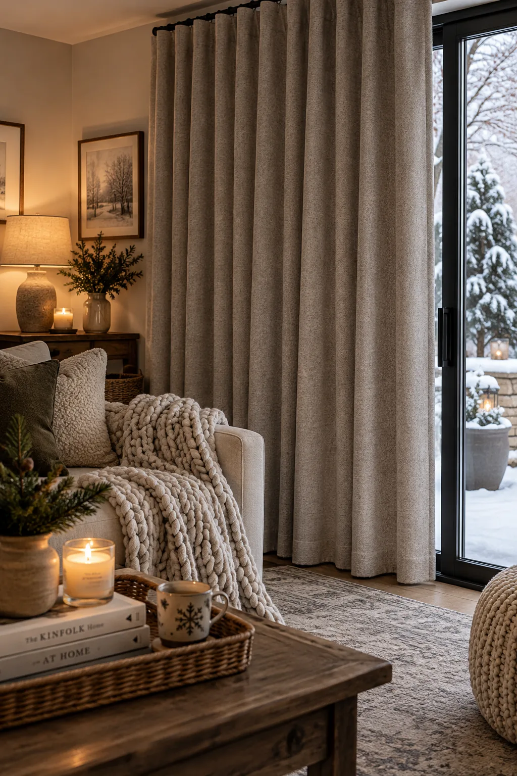 Thick thermal insulated curtains drawn closed over a large sliding glass door