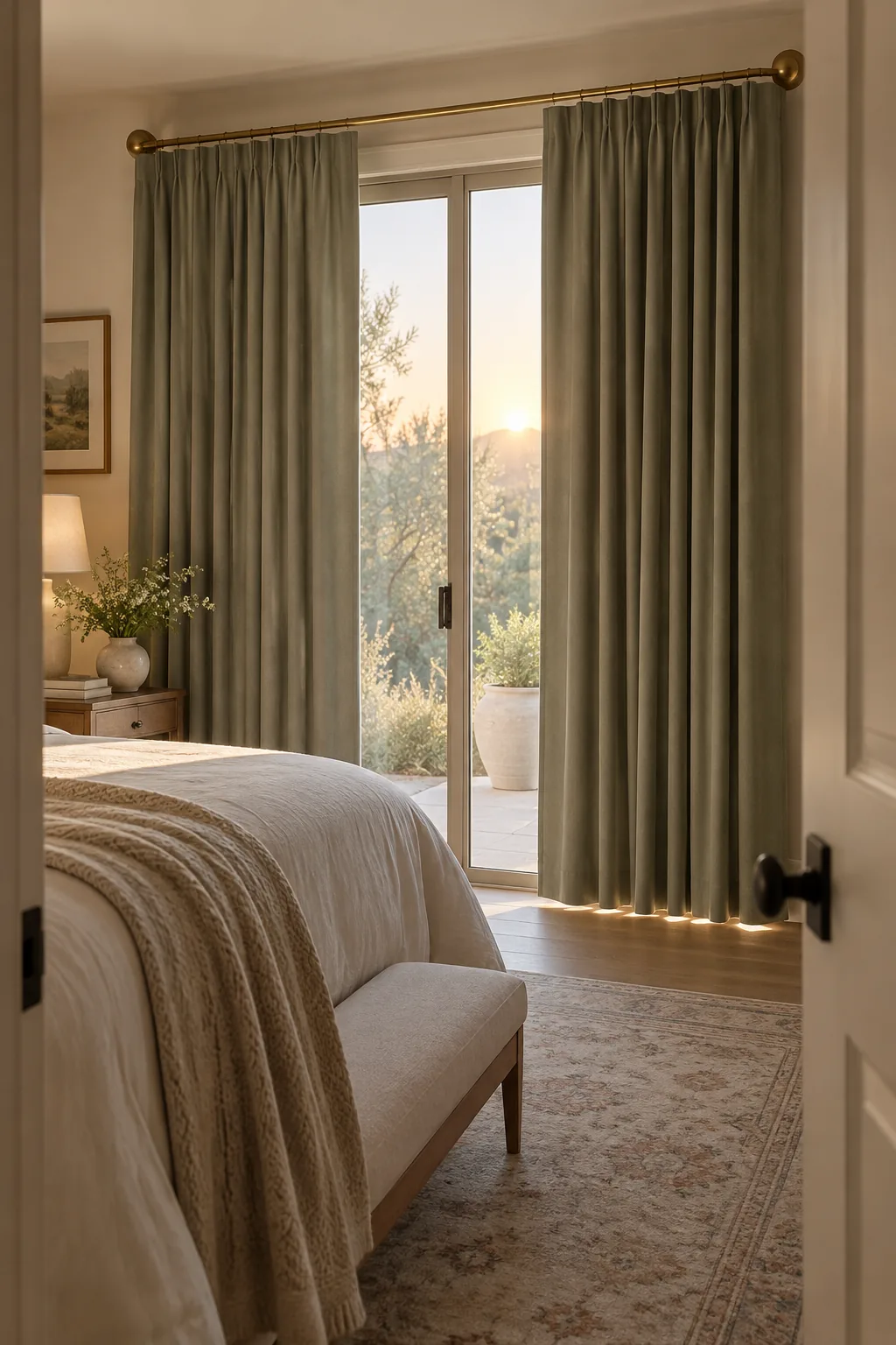 French return curtain rod curving into the wall with blackout curtains wrapping around the side