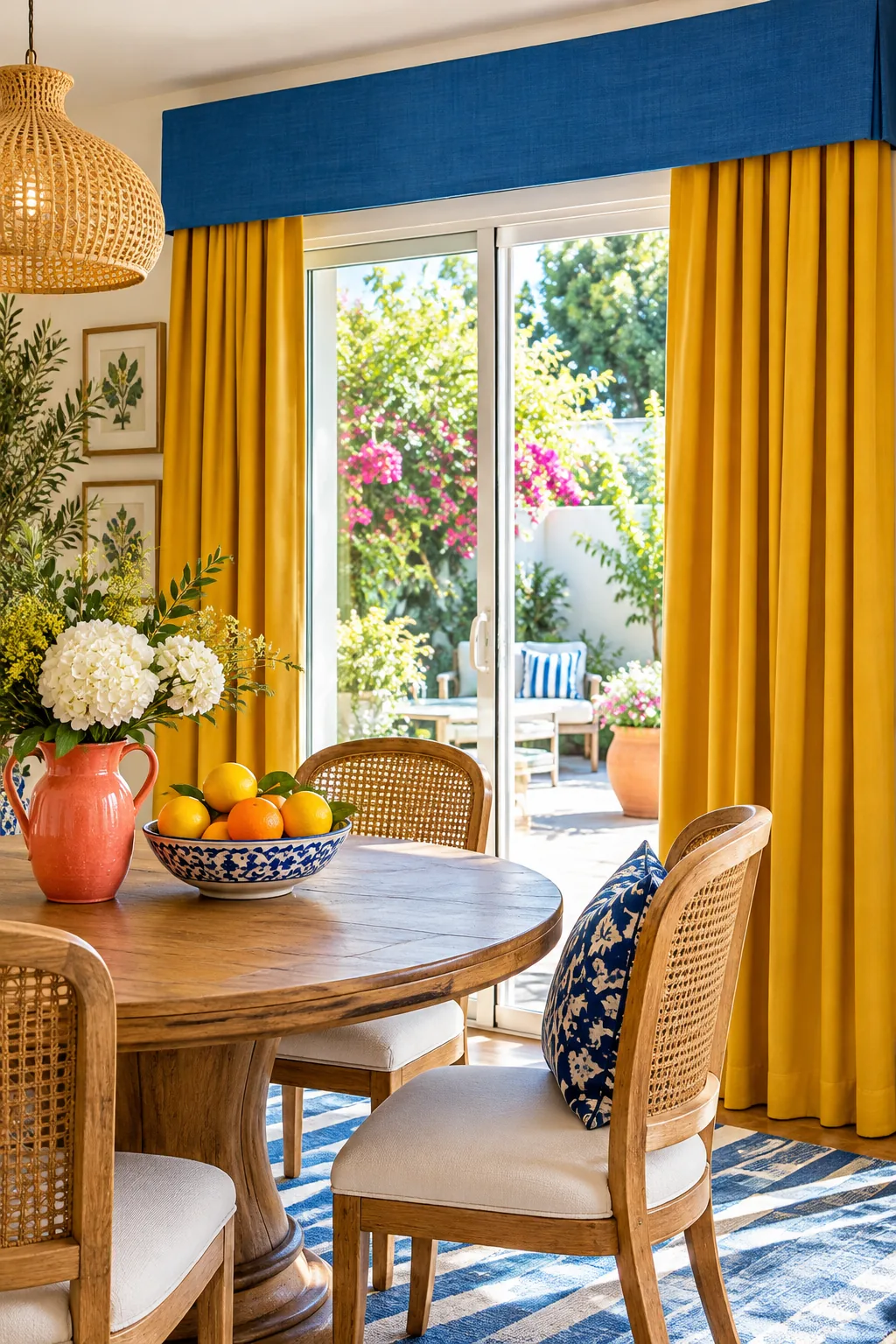 Tailored fabric valance installed over a sliding patio door hiding the curtain rod