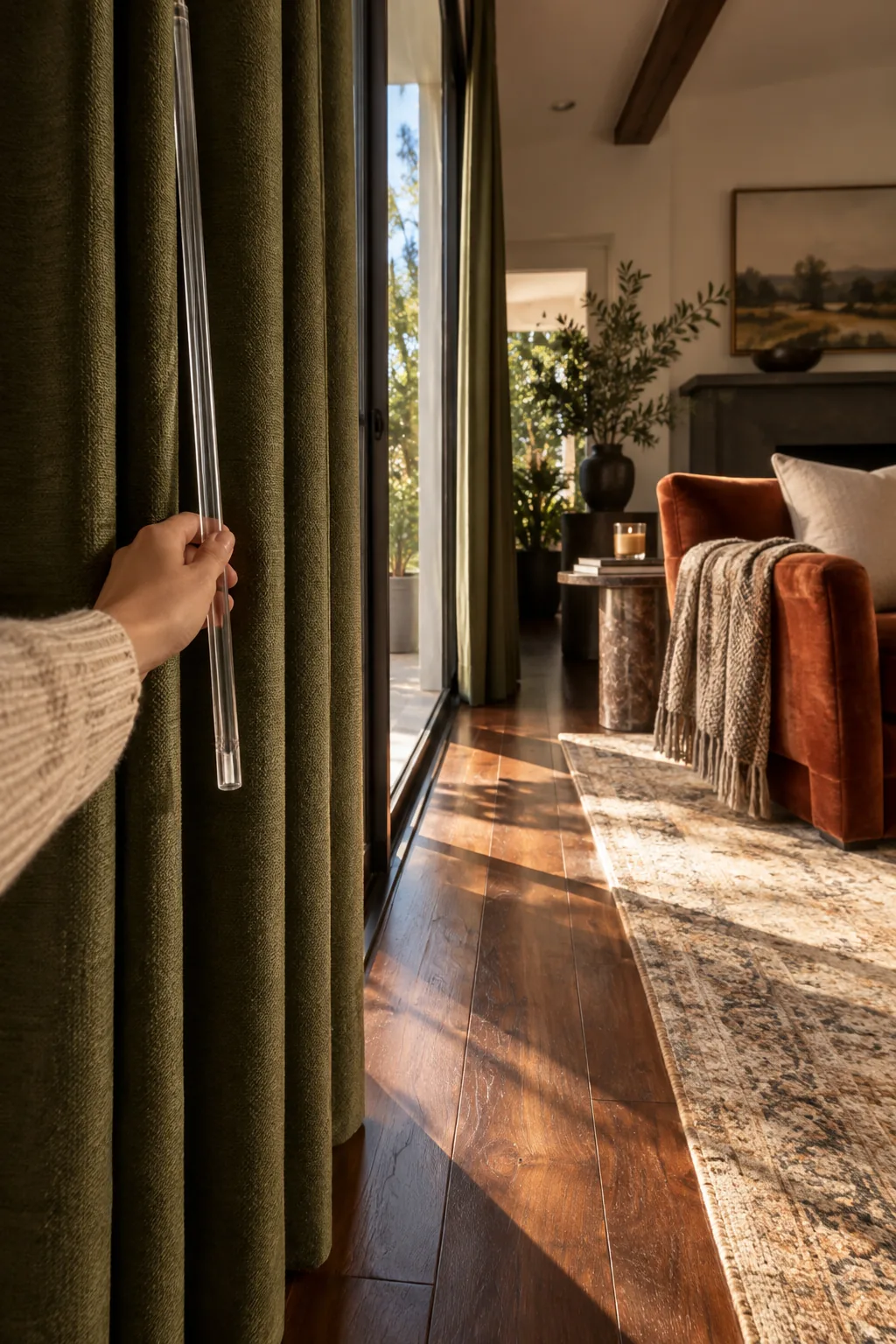 Clear acrylic baton draw wand attached to the leading edge of a curtain panel