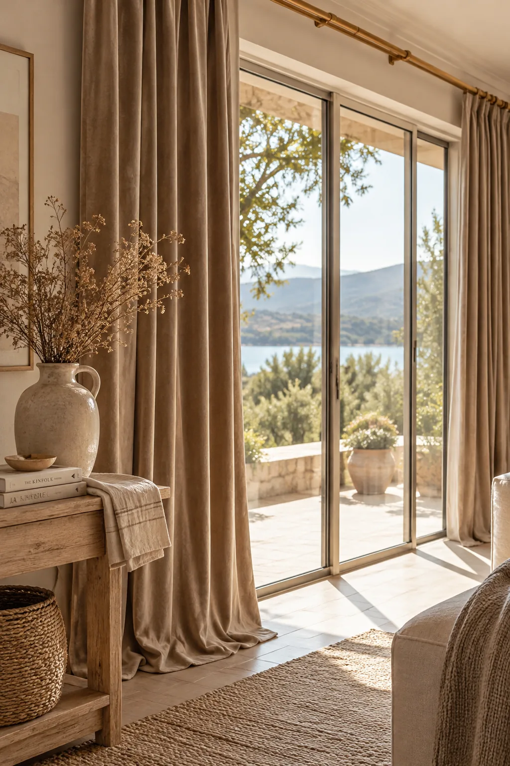 Curtain rod extending far past the sliding door frame with velvet drapes resting on the wall