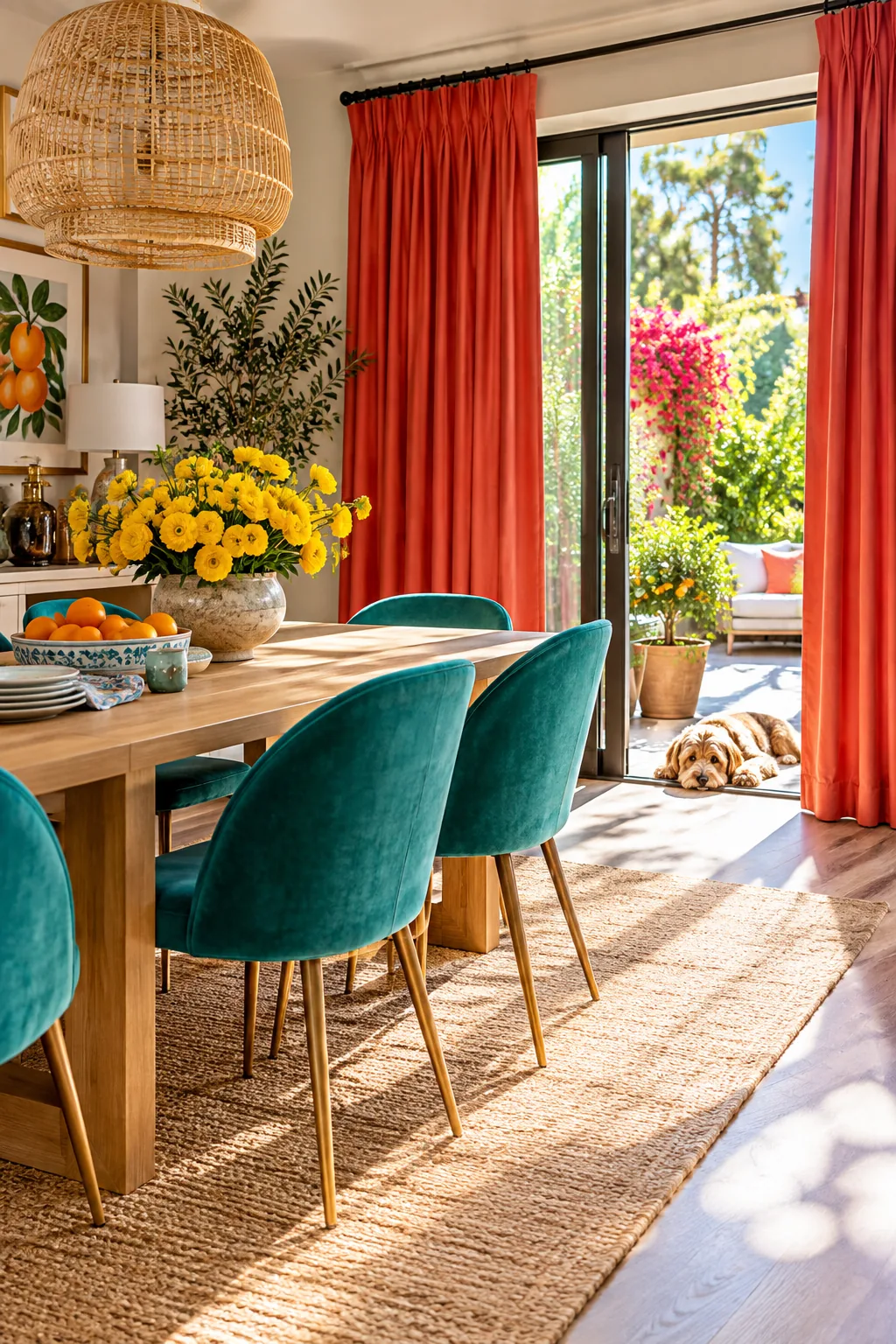 Crisp pinch pleat drapes hanging elegantly over a sliding glass dining room door