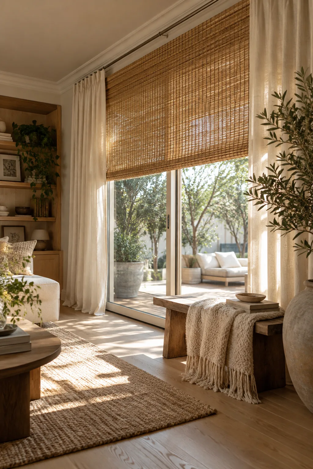 Sliding door dressed with bamboo woven shades and stationary soft fabric side panels