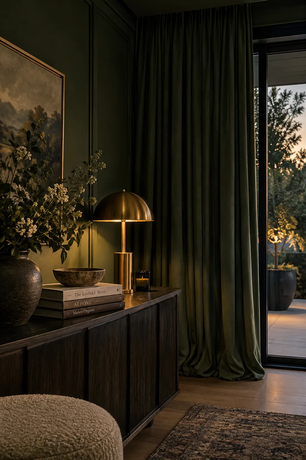 Dark green floor-to-ceiling drapes matching dark green walls around a patio door