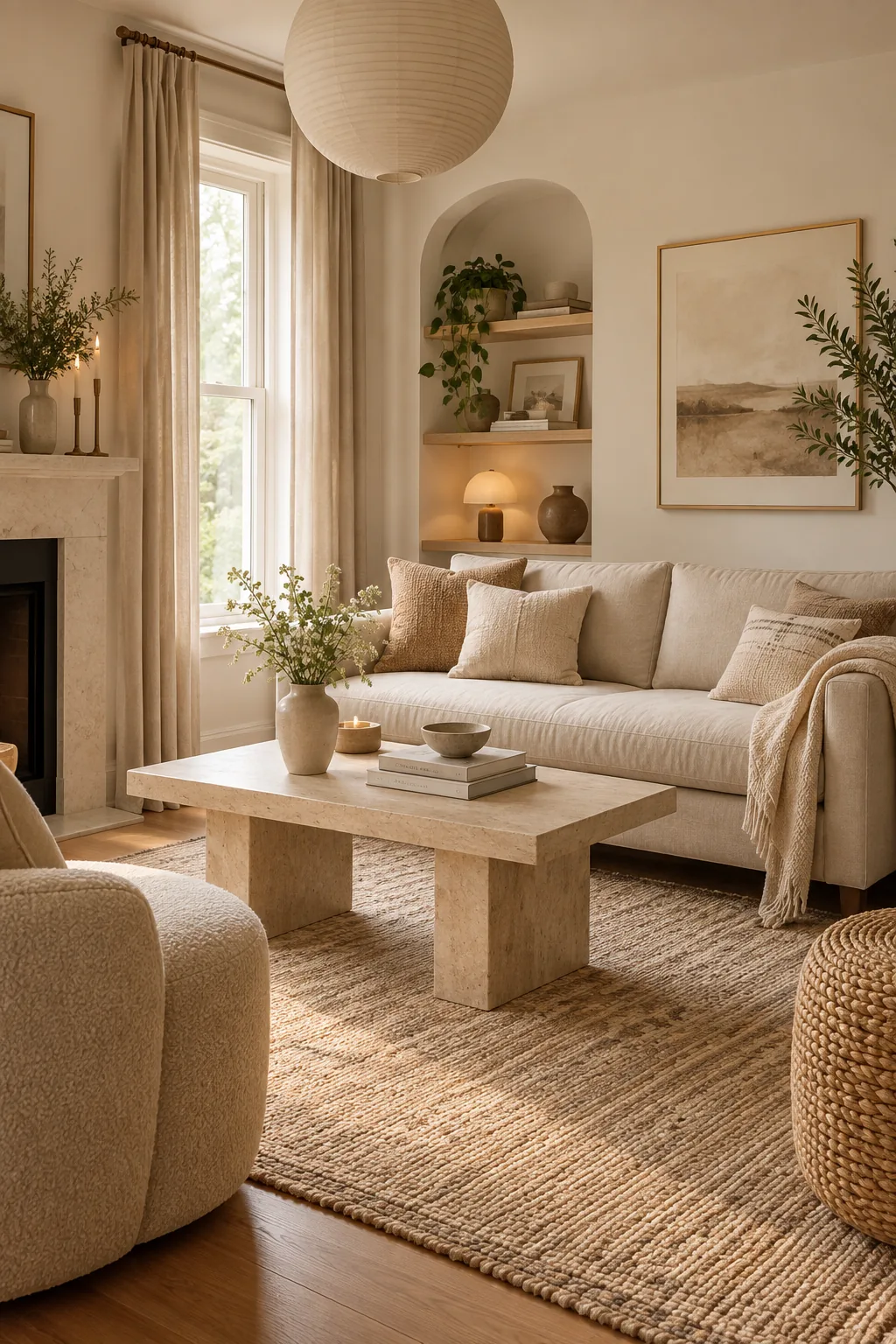 Warm minimalist living room with a beige linen sofa and travertine table.